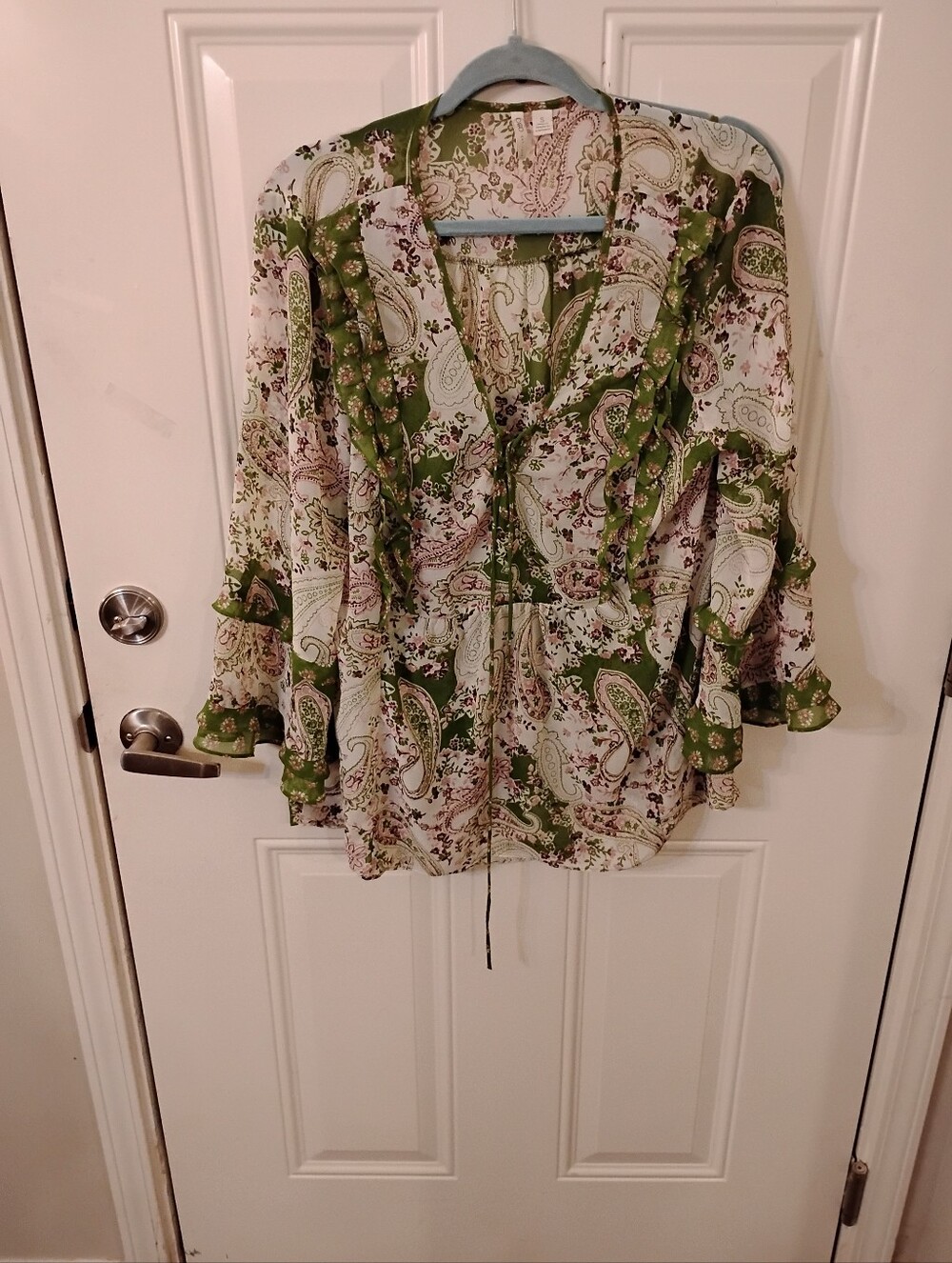 Green Paisley V-Neck Ruffled Women's Blouse